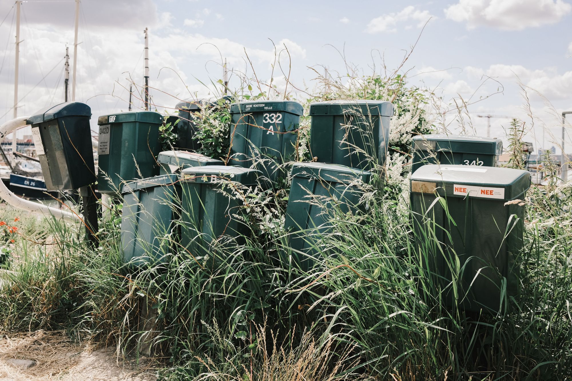 A photo of a collection of mailboxes on the side of the road