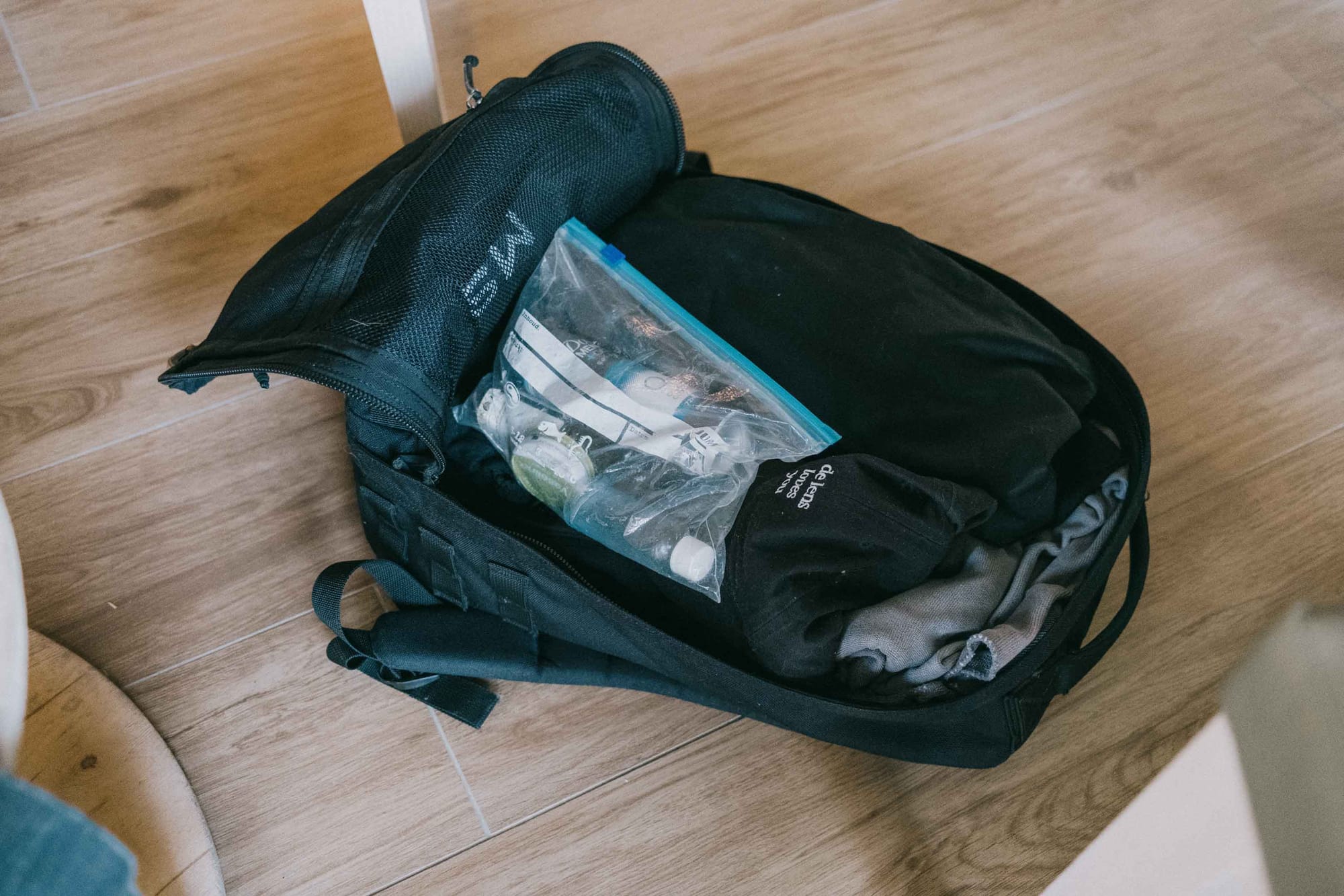 My bag halfway during a trip to Antwerp, not neatly packed, but still relatively organized.