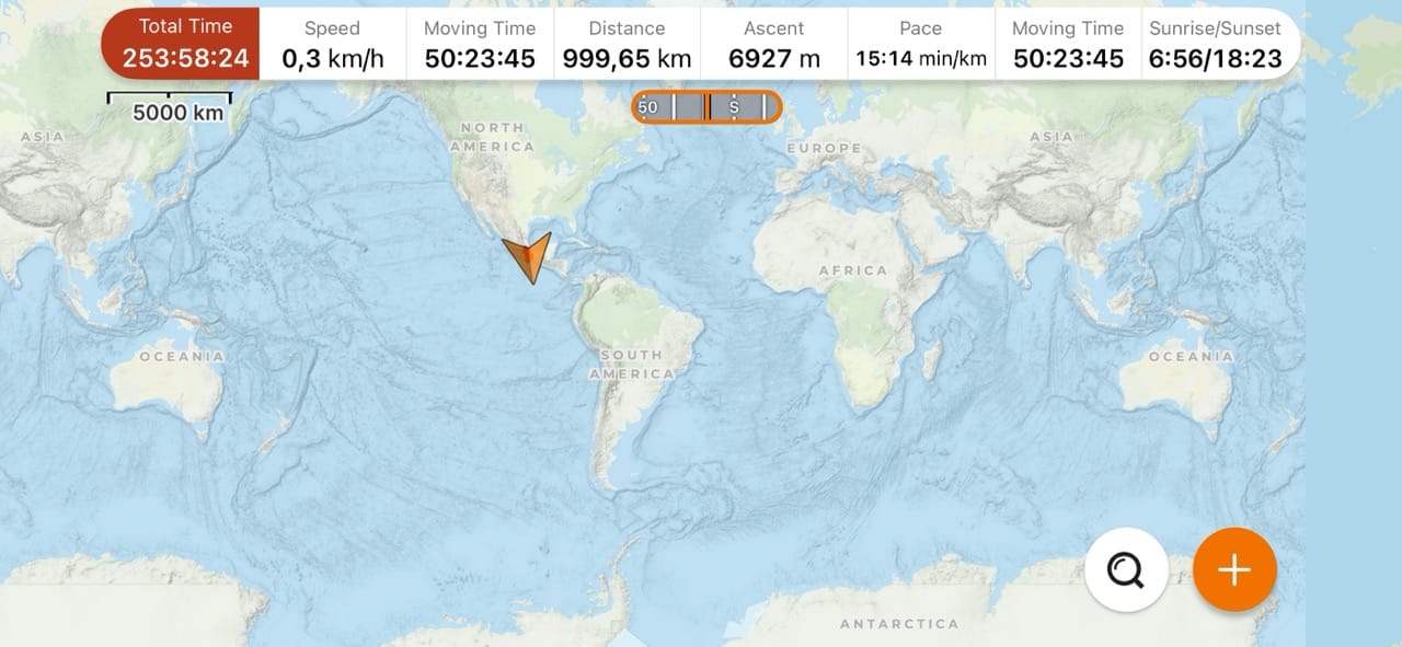 A screenshot from GaiaGPS, my GPS tracker of choice during travels. A straight line from the arrow's direction onto Antarctica can be imagined.