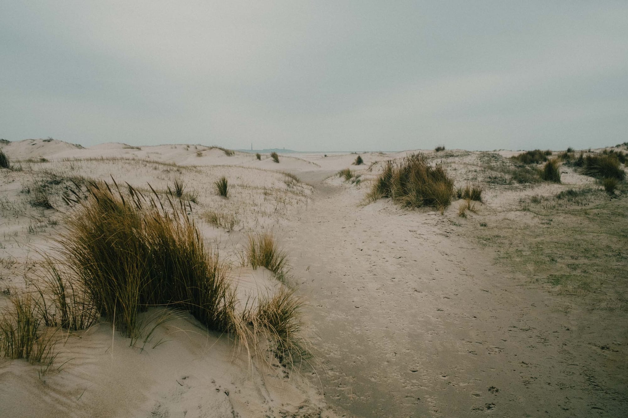 De Hors, the southern tip of Texel. A wide, dynamic landscape of shifting dunes and sand flats formed by wind, tides, and sediment deposition. It is one of the youngest parts of the island, still actively changing in shape. In the distance, across the Marsdiep, stands the Lange Jaap lighthouse in Den Helder, the tallest cast-iron lighthouse in Europe.